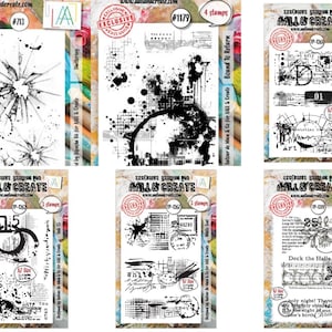 Puede incluir: Una colección de seis sellos de goma con varios diseños. Los sellos presentan salpicaduras abstractas, formas geométricas y elementos de texto. Cada juego de sellos está etiquetado con un número único y la marca "AALL & CREATE".