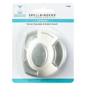 May include: A Spellbinders Paper Arts 1-2 Punch, a corner rounder and notch punch, in a clear plastic package with a white background. The punch is silver and white and has the word "notch" printed on it.