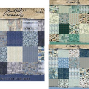 May include: Two packs of double-sided paper with a patchwork design. The paper features various blue and neutral patterns, including floral, geometric, and textured designs. The text "Jim Holtz idea-ology" and "Palette Collection: Indigo" are visible.