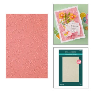 May include: A close-up of a textured, coral-colored paper with embossed musical notes. The image also shows a greeting card with flowers and a bow, and a package for a 3D embossing folder.