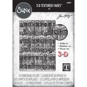 May include: A Sizzix 3-D Textured Fades embossing folder featuring a full alphabet design. The package includes the letters A to Z, and the ampersand symbol. The letters have a textured, vintage appearance. The package also includes the text "3-D EMBOSSING FOLDER".