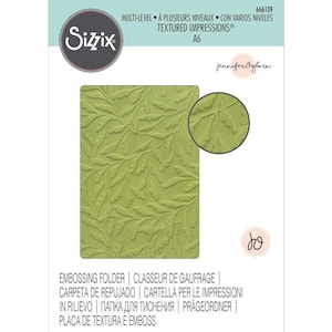 May include: A green Sizzix A6 embossing folder with a leaf pattern. The folder is labeled "Textured Impressions" and includes the text "Jennifer Ogborn". The product is designed for multi-level embossing.