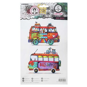 May include: Clear stamps featuring two colorful illustrations of hippie buses. The top bus has the word "LOVE" on the side and the bottom bus says "BUS SERVICE".
