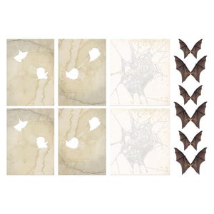 May include: A collection of Halloween-themed digital art elements. The image features six rectangular cards with a distressed, aged paper texture, some with broken glass effects. Also included are six brown bat wing illustrations.