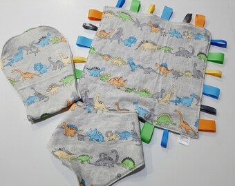 Bandana Bib, Burp Cloth and/or tag blanket - Grey Dinosaurs
