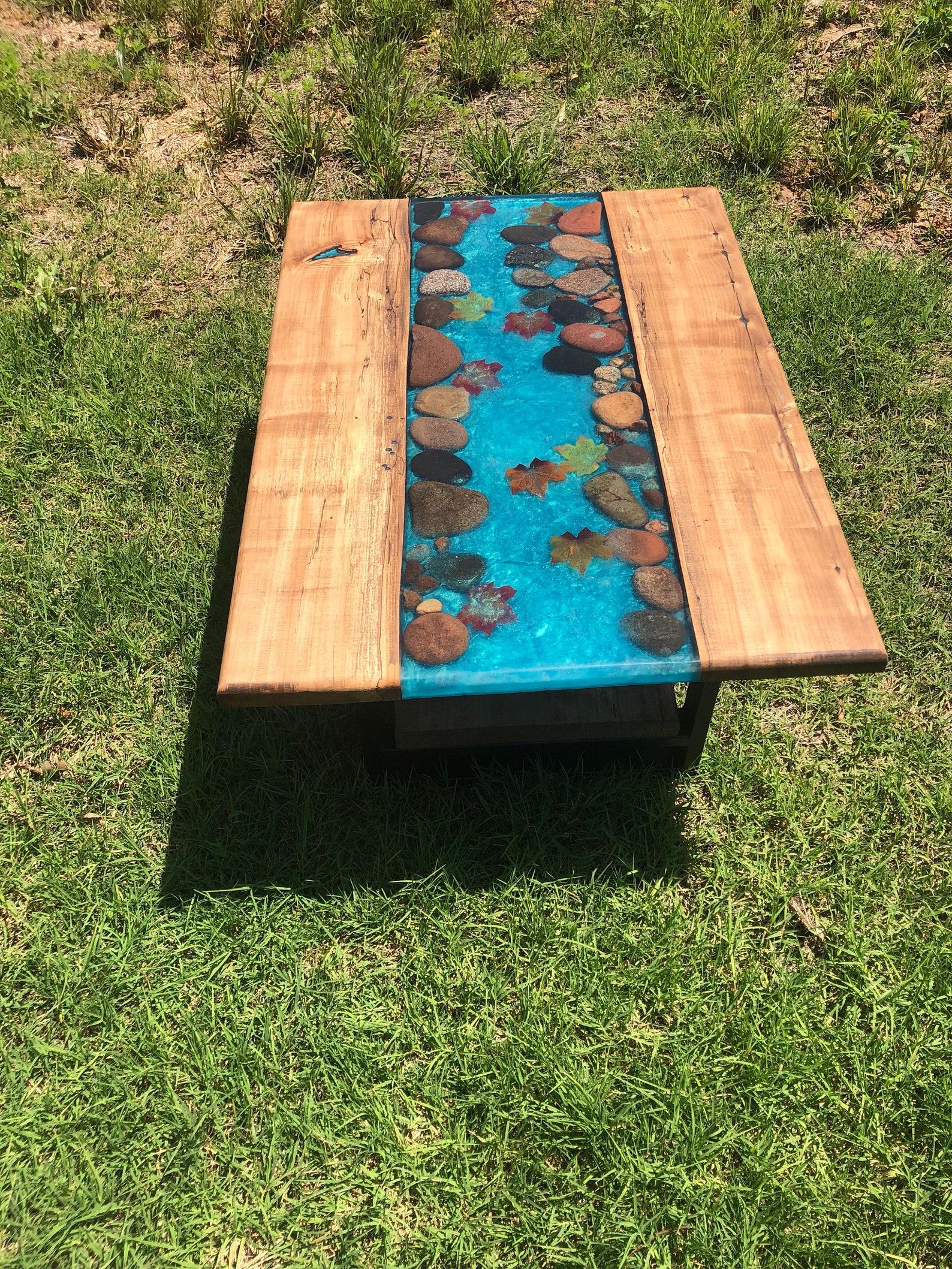 Live Edge River Table With Shelf Underneath With Stones and Leaves Etsy