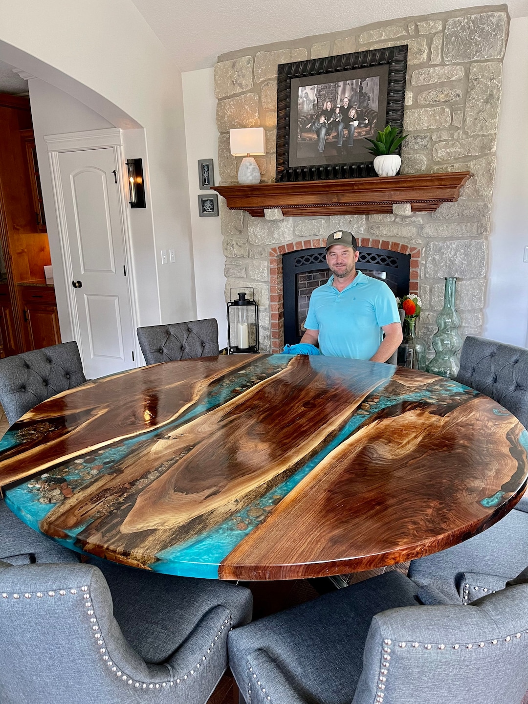 6 Ft. Round Black Walnut River Table With Stone Etsy