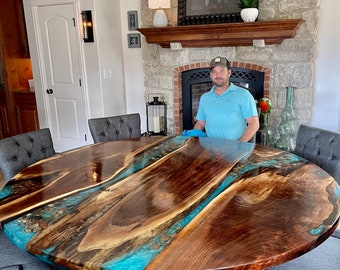 6 ft. Round Black Walnut river table with stone
