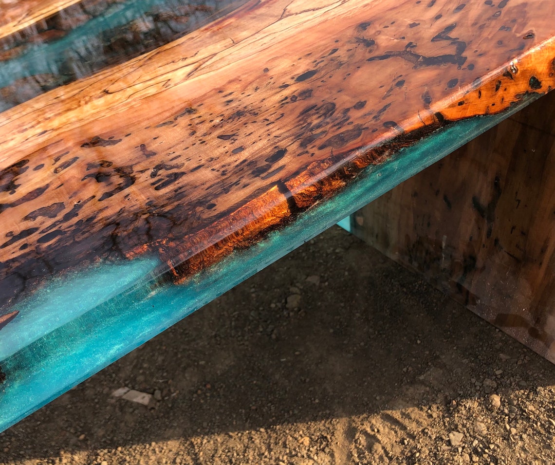 Waterfall River Table With Live Edge Stone and Rocks Etsy