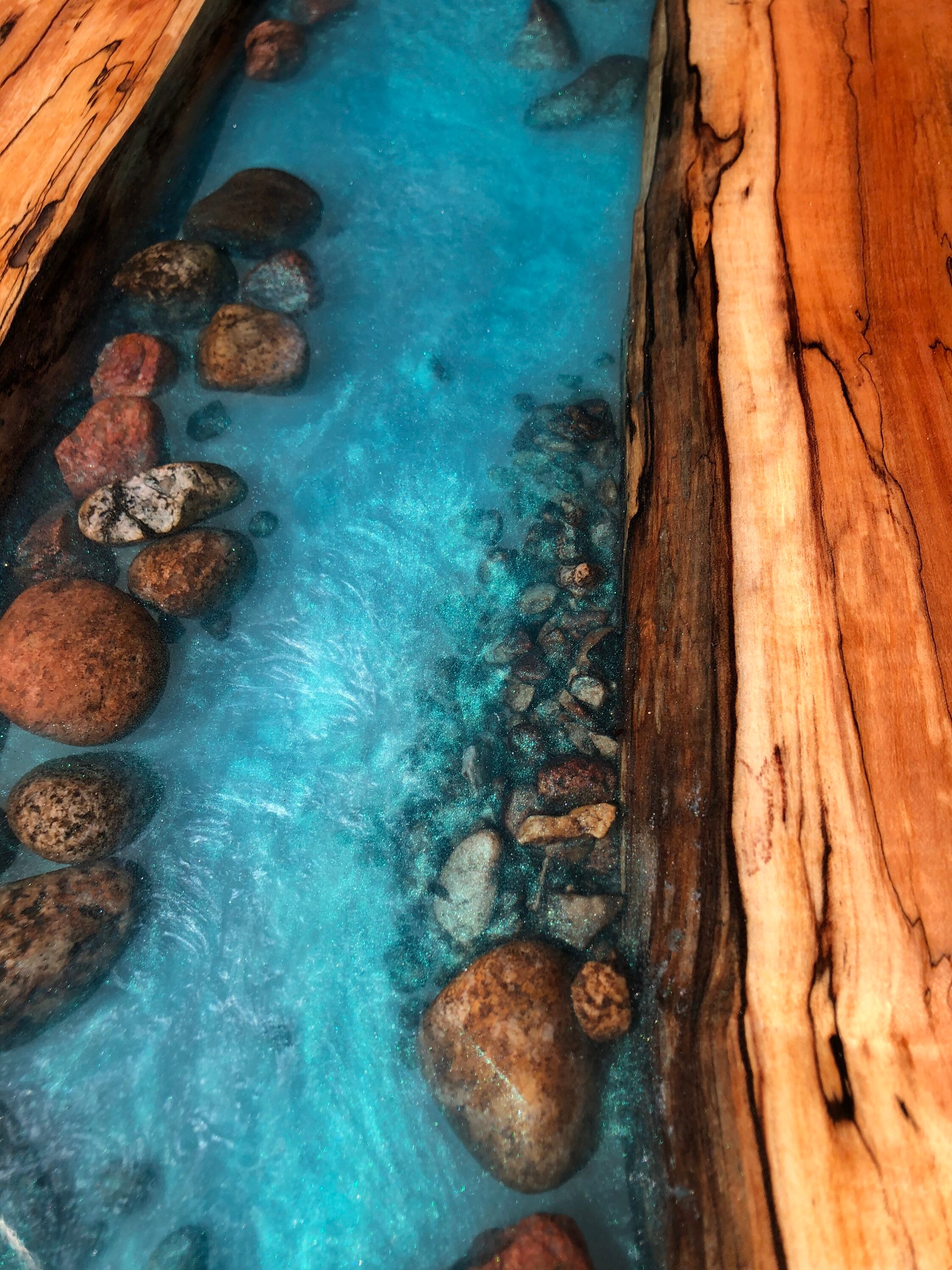 Waterfall River Table With Live Edge Stone and Rocks Etsy