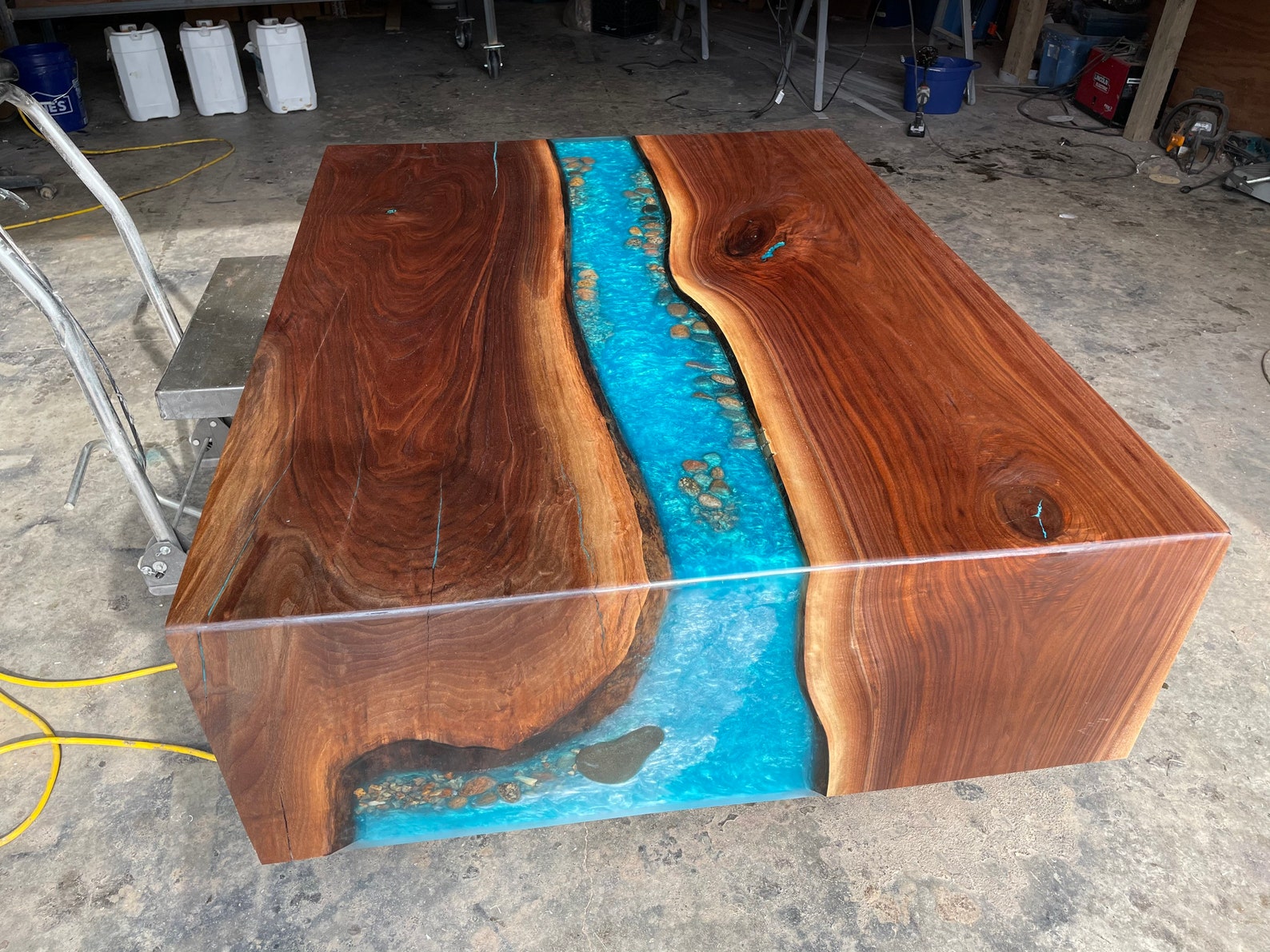Double Waterfall River Table With Shelf Underneath. Live Edge Walnut