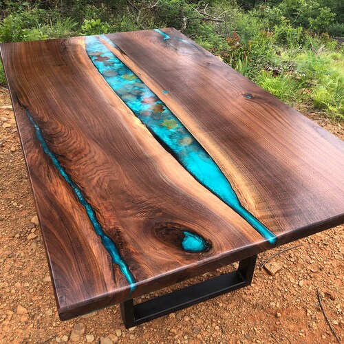 Cedar Live Edge River Dining Table With Stone Resin Etsy