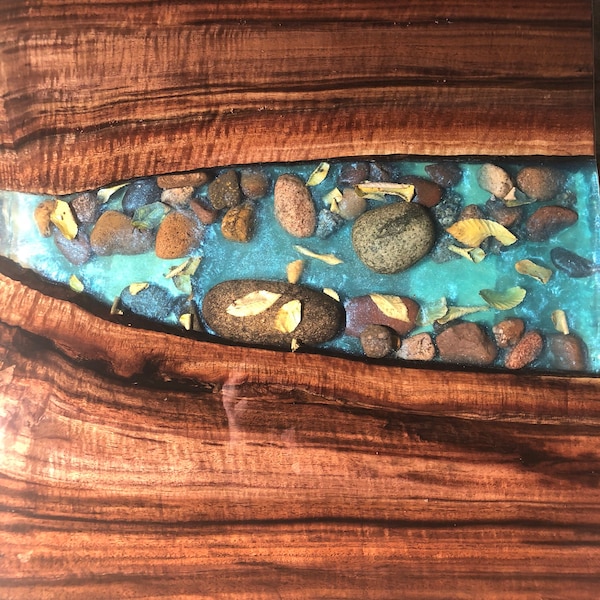 Live edge River table with stones and leaves walnut