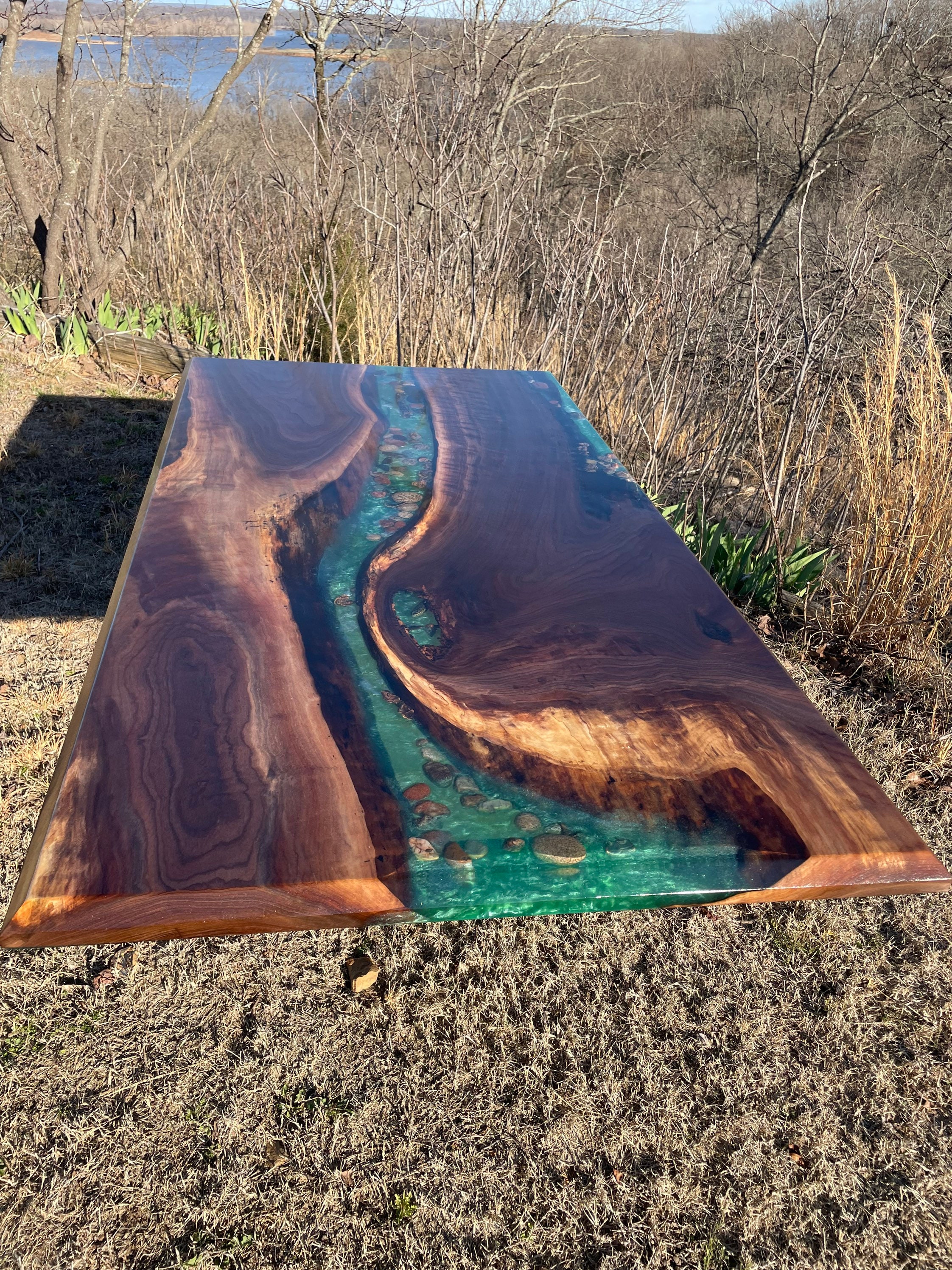 Live Edge River Table With Stone and Trout Rock Walnut - Etsy
