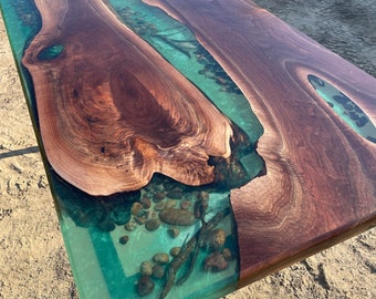 River table live edge walnut with stones rocks trout driftwood