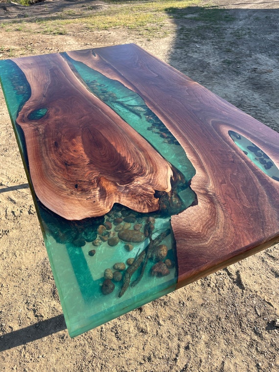 River Table Live Edge Walnut With Stones Rocks Trout Driftwood Etsy