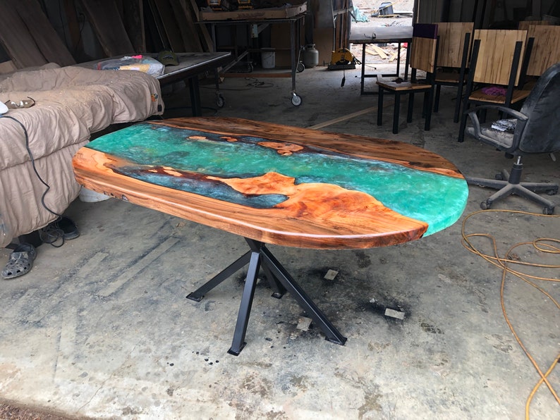 Oval Dining table Live edge river table with stone and leaves Etsy