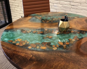 Round live edge walnut river table