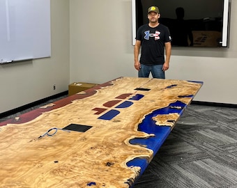 Company logo conference table live edge custom epoxy river table resin