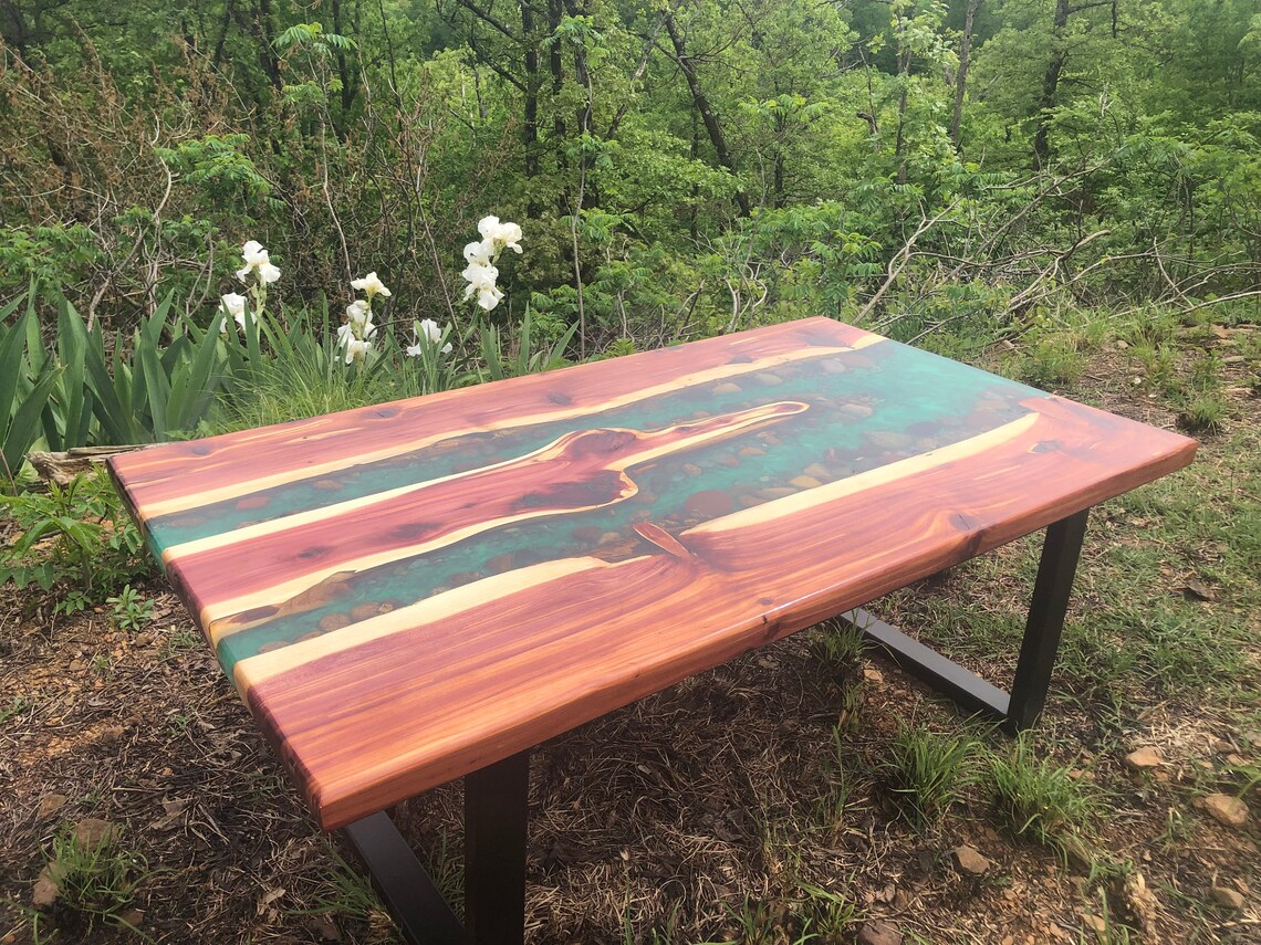 Cedar Live Edge River Table With Stone Etsy