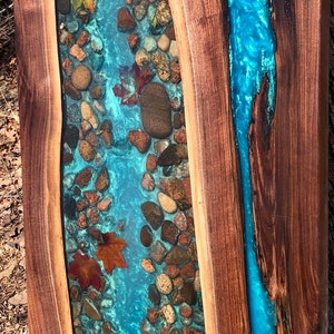 Walnut Live Edge River Table With Stone and Leaves - Etsy