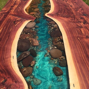 Cedar Live edge river dining table with stone resin image 3