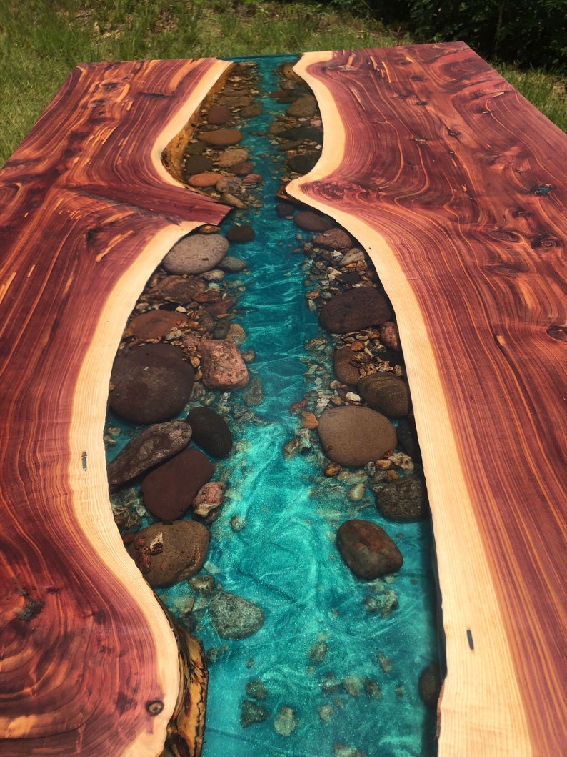Cedar Live edge river dining table with stone resin image 3