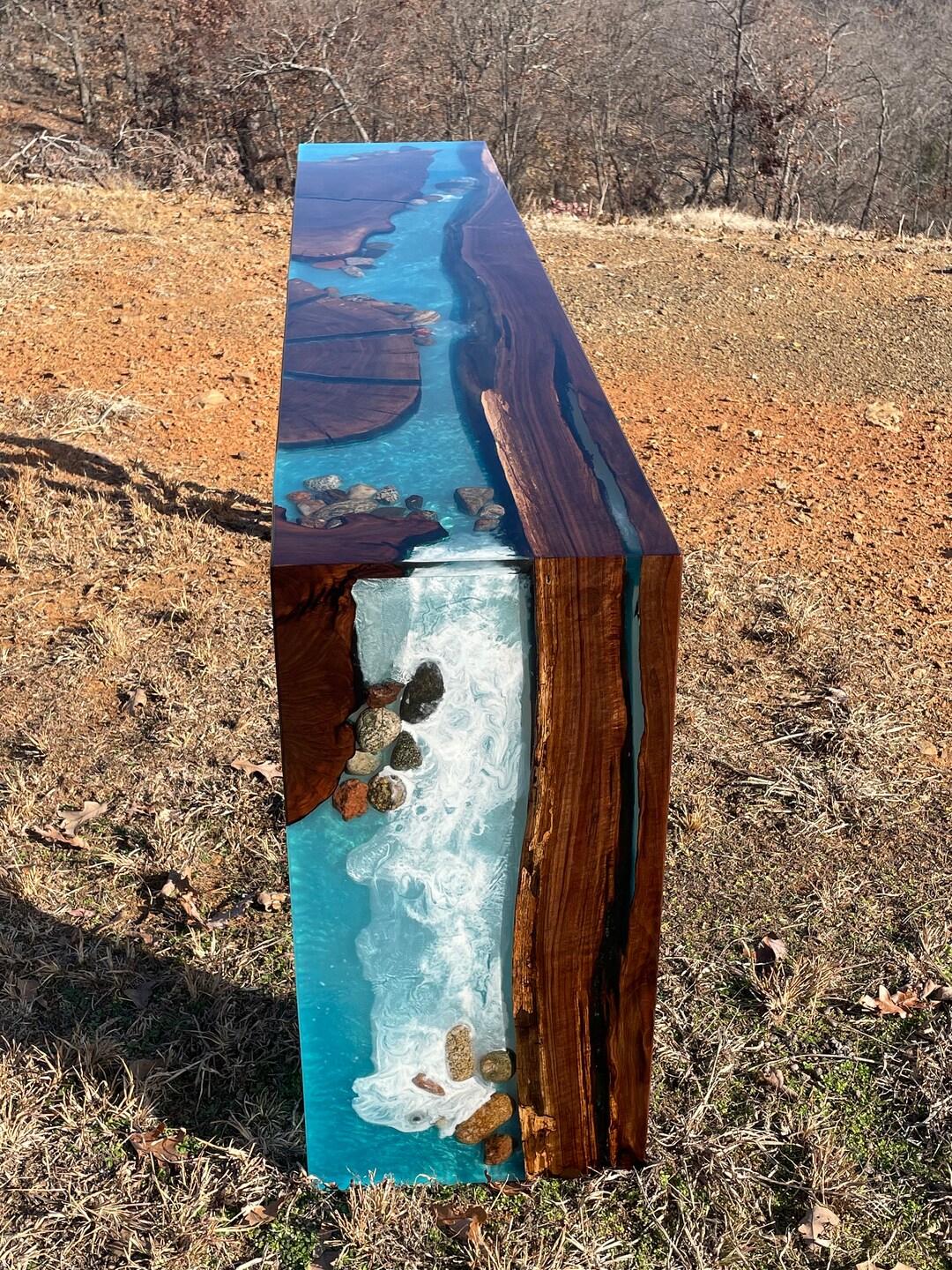 Waterfall River Table Walnut Bartop Console Live Edge Epoxy Resin With