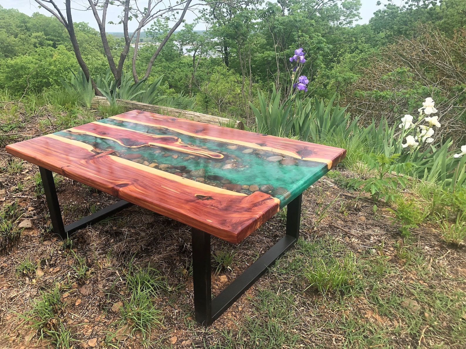 Cedar Live Edge River Table With Stone Etsy