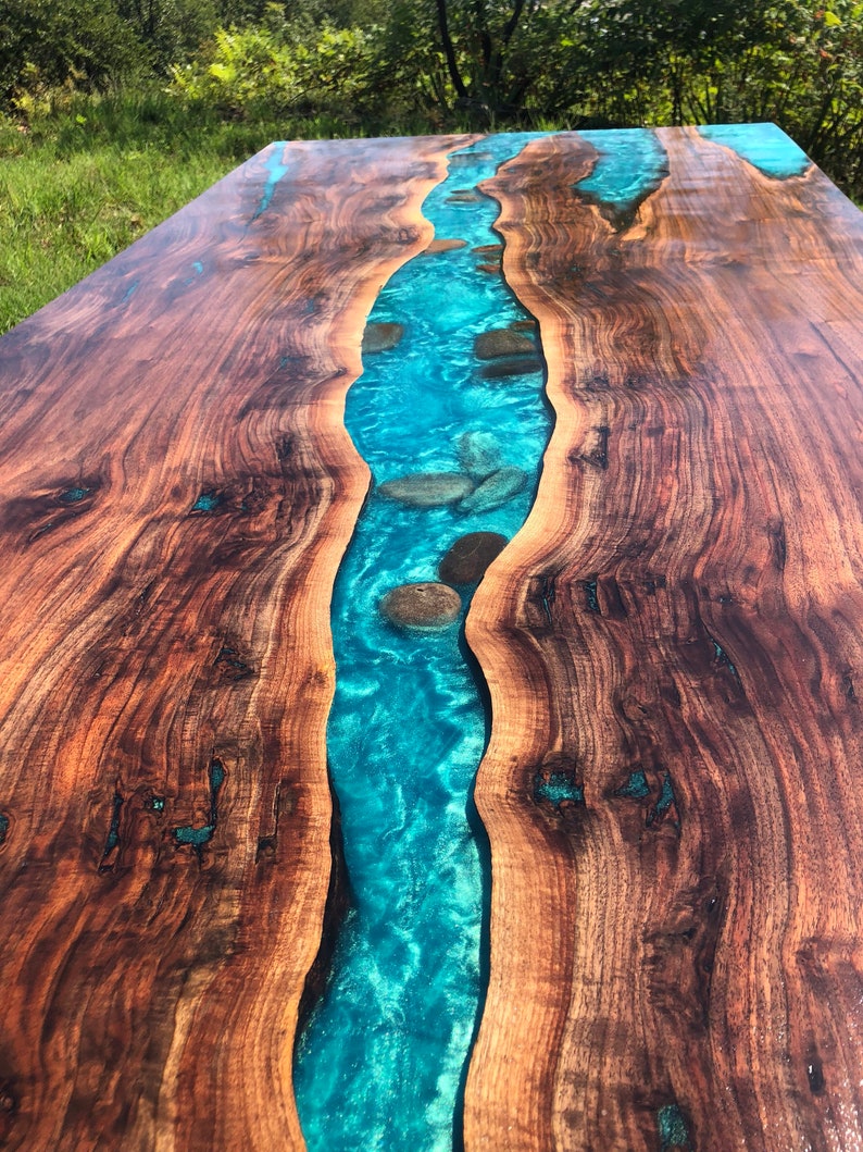 Walnut Live Edge River Table With Stone Etsy
