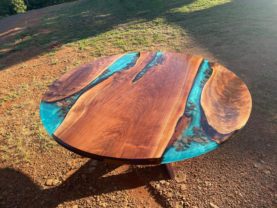 Six Foot Round River Table Walnut Live Edge With Stone Rock Etsy