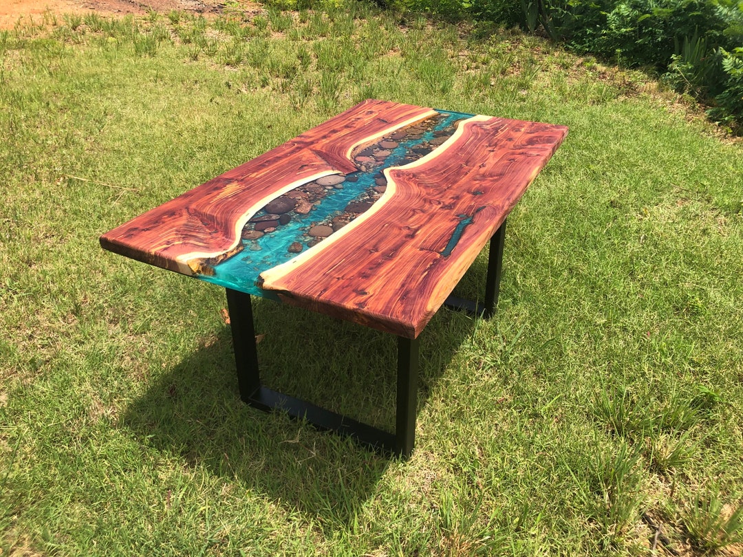 Cedar Live Edge River Dining Table With Stone Resin Etsy