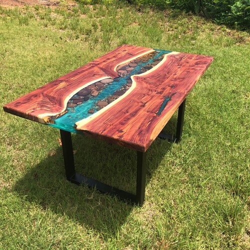 Cedar Live Edge River Dining Table With Stone Resin Etsy