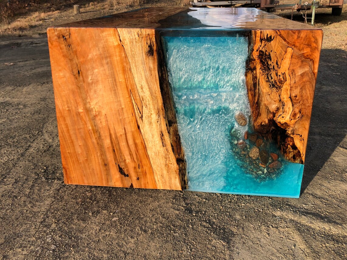 Waterfall River Table With Live Edge Stone and Rocks Etsy