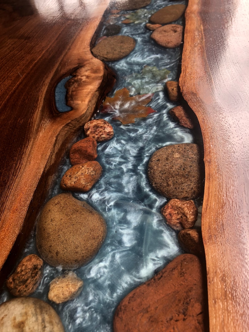 9ft Walnut Live Edge River Table With Stone and Leaves - Etsy