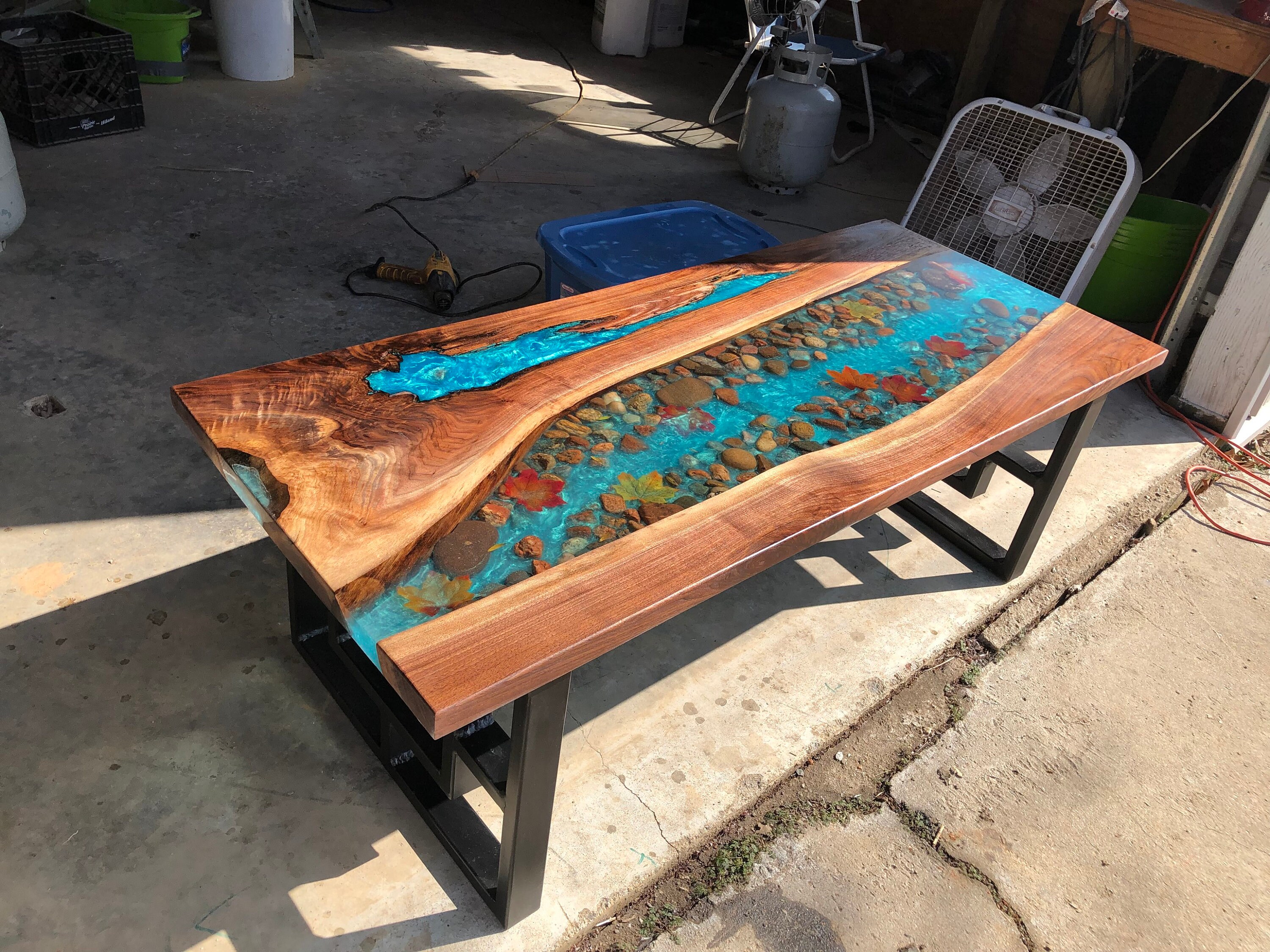 Walnut Live Edge River Table With Stone and Leaves Etsy