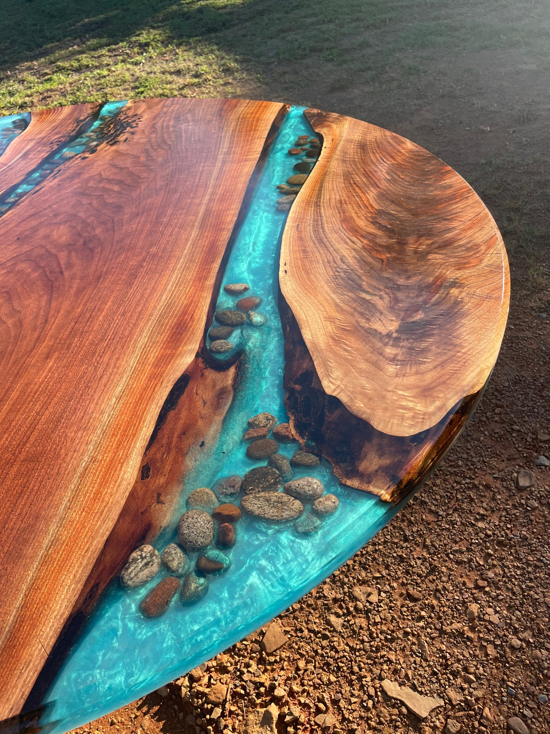 Six Foot Round River Table Walnut Live Edge With Stone Rock Etsy