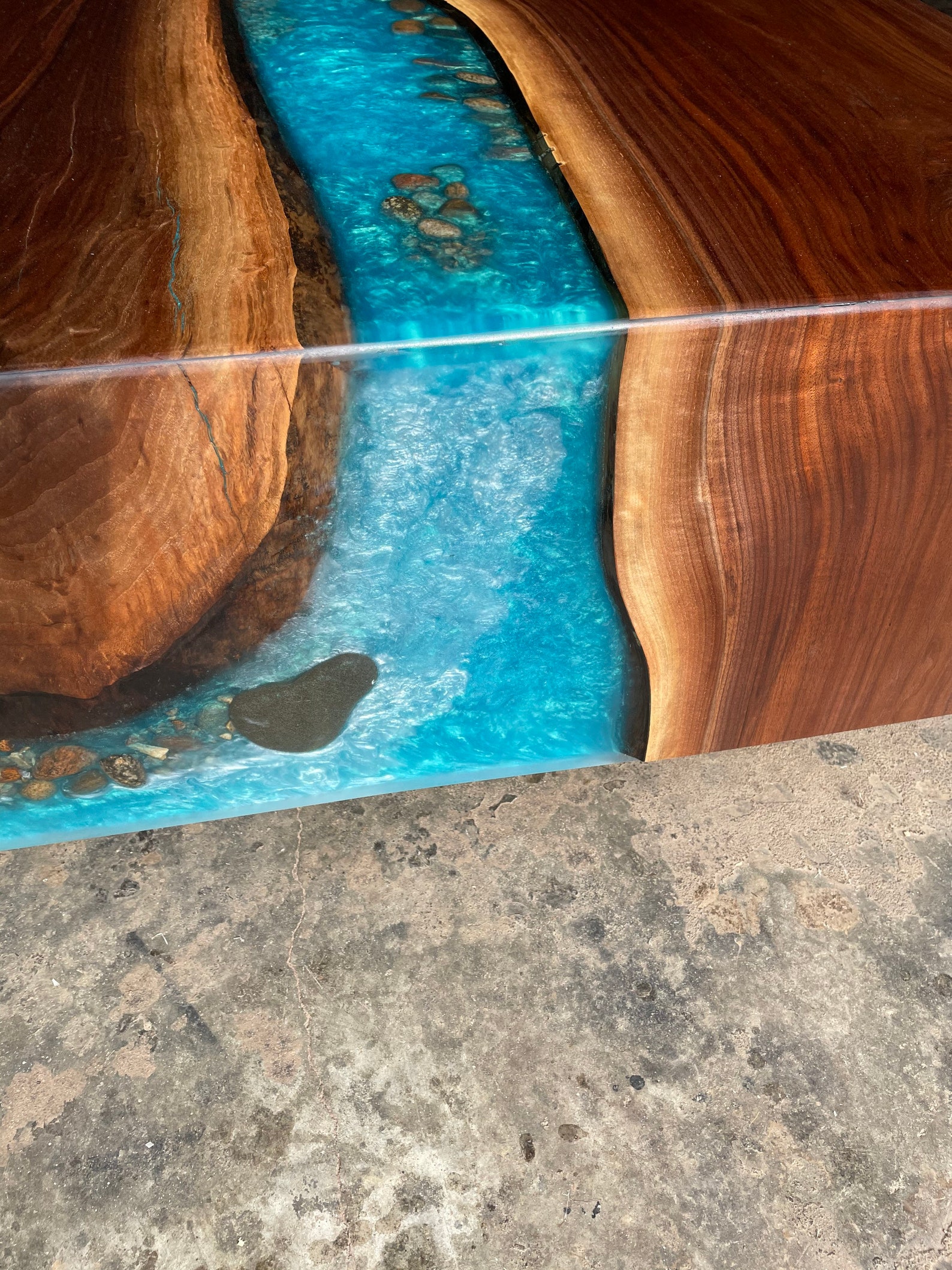 Double Waterfall River Table With Shelf Underneath. Live Edge Walnut