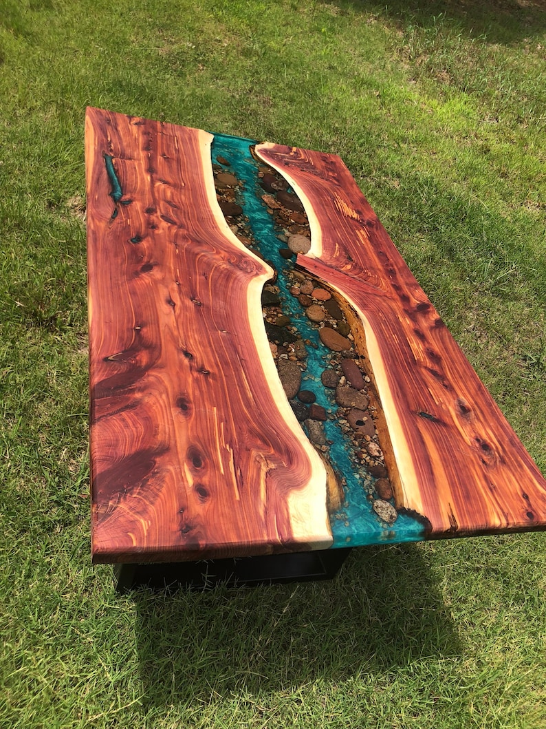 Cedar Live edge river dining table with stone resin image 2