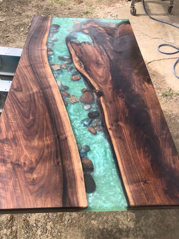 Live Edge Walnut River Table With Stones and Leaves. Etsy UK
