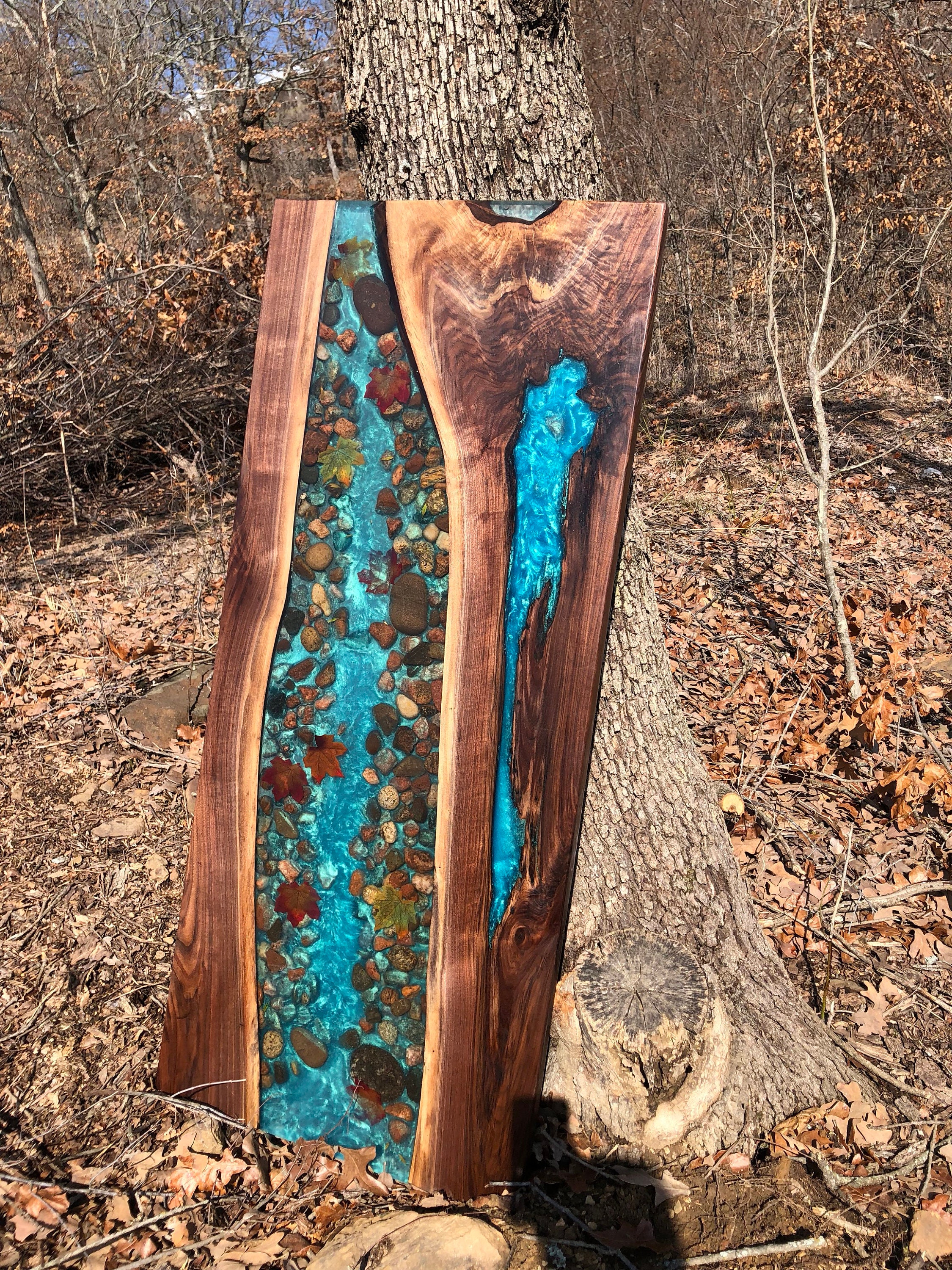 Walnut Live Edge River Table With Stone and Leaves - Etsy
