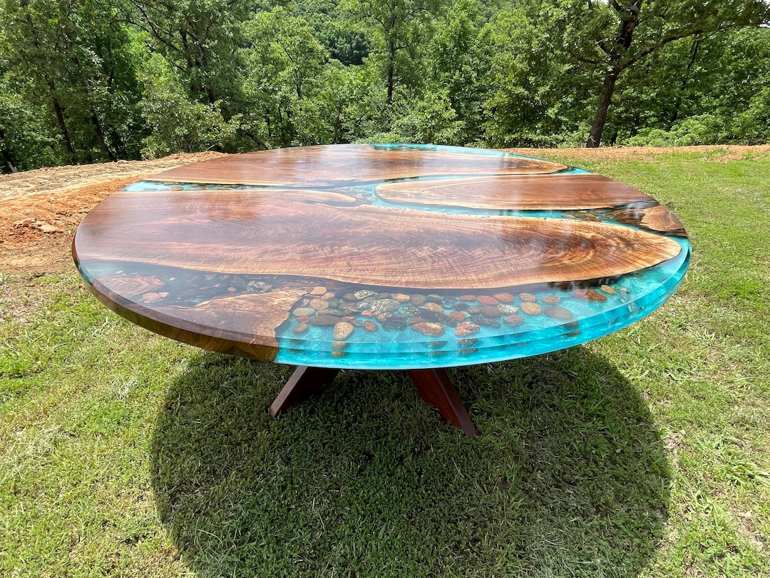Stunning Large Round River Table With Stone Rock Live Edge Dining Etsy
