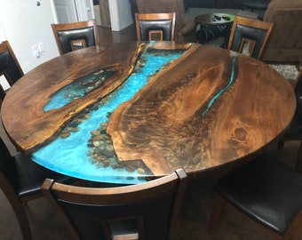 Six foot round walnut live edge river table with lazy susan