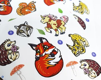 Wild Animals Sticker Sheet (Fox, Squirrel, Hedgehog, Otter, Lynx, Wolf, Badger, Pigeon, Unicorn)