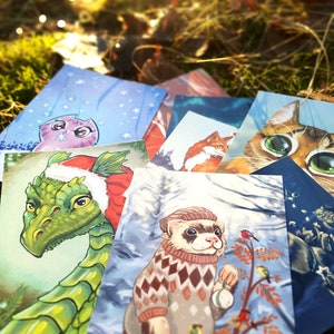 Urlaubskarten-Kombination (Beliebige fünf Urlaubskarten) (Frettchen, Drache, Fuchs, Elfe, Katze, Schnee, Elch, Elch, Weihnachten, Yule, Winter, Nordlichter)