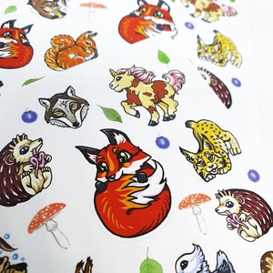 Hoja de pegatinas de animales salvajes (zorro, ardilla, erizo, nutria, lince, lobo, tejón, paloma, unicornio)