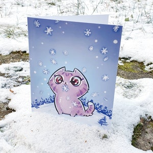 Kartka z życzeniami Snow Cat (zima, grudzień, kotek, płatek śniegu, kartka, życzenia świąteczne)
