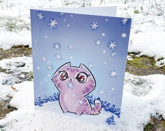 Snow Cat Greeting Card (Winter, December, Kitty, Snowflake, Card, Season's Greetings)