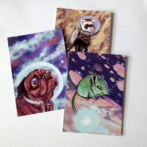 Space Animal Postkarten (Frettchen, Spitzmaus, Hund)