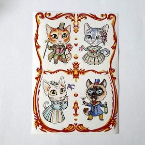 Dos hojas de pegatinas de Lovecat (gatos con trajes elegantes, atigrado, siamés, sphynx, ragdoll)